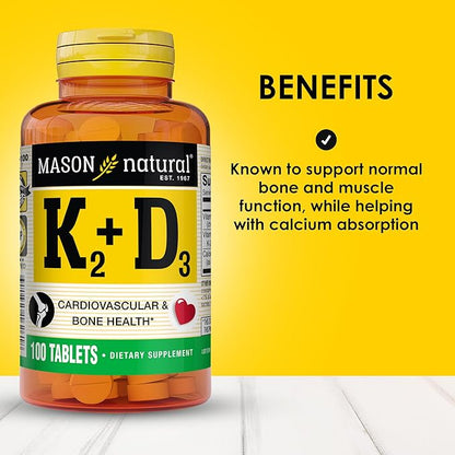 MASON NATURAL Vitamin K2 + D3, 300-Day Supply, with Calcium for Normal Bone and Muscle Support, 100 Tablets (Pack of 3)