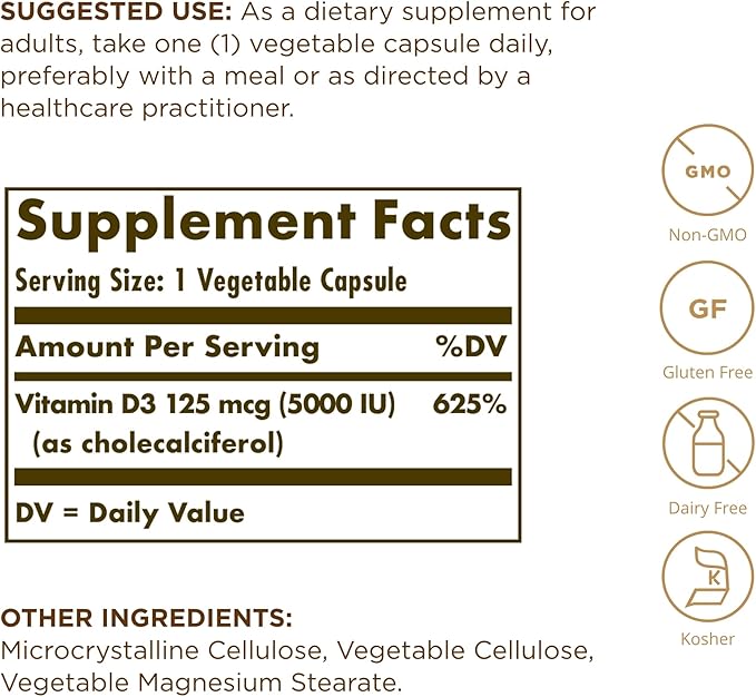 SOLGAR Vitamin D3 (Cholecalciferol) 125 mcg (5000 IU) 60 Vegetable 60 Servings
