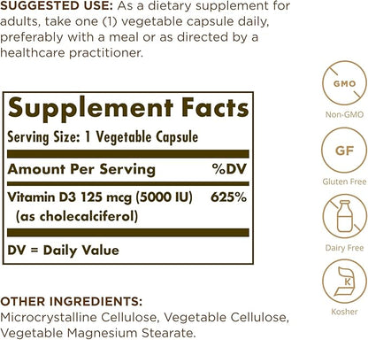 SOLGAR Vitamin D3 (Cholecalciferol) 125 mcg (5000 IU) 60 Vegetable 60 Servings