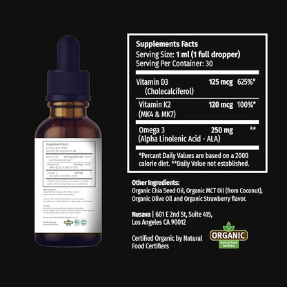 (2 Pack) Organic Vitamin D3 K2 Drops 5000 IU with MCT Oil Omega 3 - Maximum Strength Liquid D3 with No Fillers, Non-GMO for Faster Absorption, Immune Support (Strawberry, 2 Fl Oz)