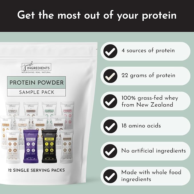 JUST Ingredients Variety Pack Protein Powder | 12 Servings | 100% Grass-Fed Whey | Non-GMO, Gluten-Free, No Artificial Flavors