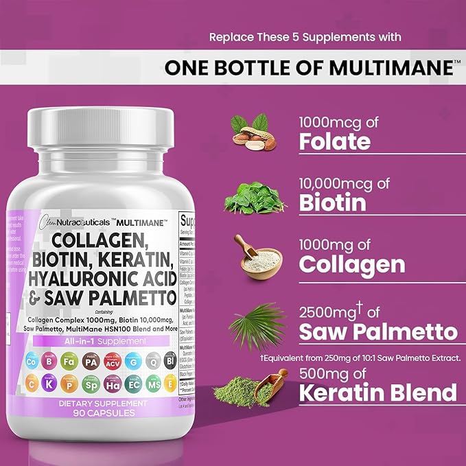 Collagen Pills 1000mg Biotin 10000mcg Keratin 2500mg Hyaluronic 90 Count