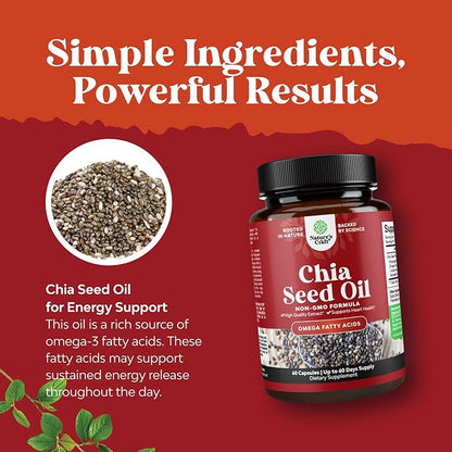 Chia Seed Oil Extract Capsules - Plant Based Omega 3 6 9 Supplement and Daily Fiber Capsules for Adults Digestive and Immune Support and Heart Health - Omega 3 Fatty Acids Supplement for Men and Women
