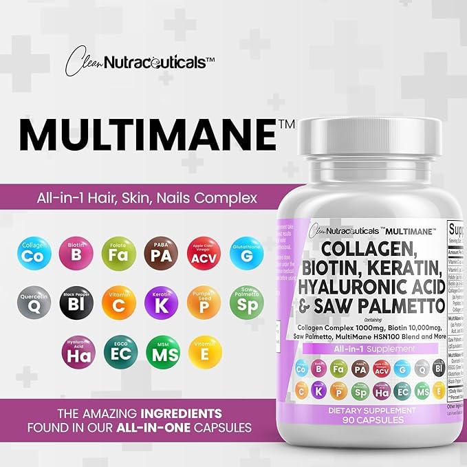 Clean Nutraceuticals Collagen Pills 1000mg Biotin 10000mcg Keratin 90 Count