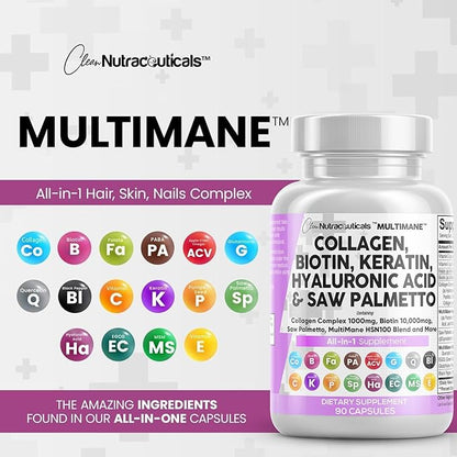 Clean Nutraceuticals Collagen Pills 1000mg Biotin 10000mcg Keratin 90 Count