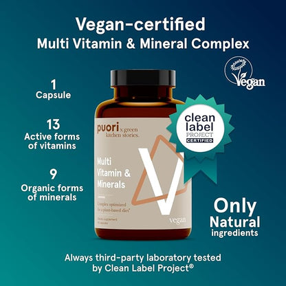 Puori Multi-Vitamin and Mineral Complex - 60 Vegan Capsules - Vegan Certified with 13 Essential Vitamin and 9 Minerals - for Overall Health, Nervous and Immune System - Dairy-Free, Vegetarian