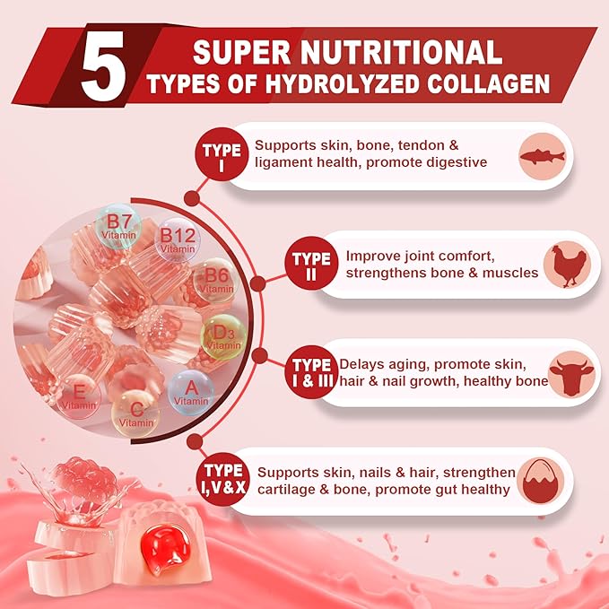 Sugar-Free Hydrolyzed Collagen Peptide Filled Gummies,Extra 1500mg Protein 5000mcg Biotin D3 B6 B6 B12 B12 for