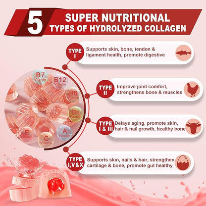 Sugar-Free Hydrolyzed Collagen Peptide Filled Gummies,Extra 1500mg Protein 5000mcg Biotin D3 B6 B6 B12 B12 for