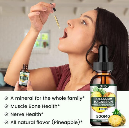 Potassium Magnesium Citrate Supplement, Liquid Magnesium Citrate Drops 500mg with Ashwagandha, Calcium, Zinc, Vitamin D3, B6, B12, CoQ10 - Vegan 2 fl oz Pineapple Flavor