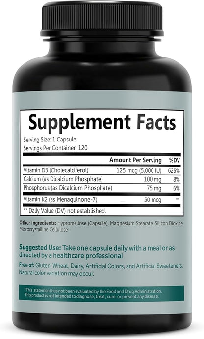 Vitamin D3 K2 D3 5000 5000 IU K2 as MK-7, Calcium, 120 Vegcaps, 120 Day