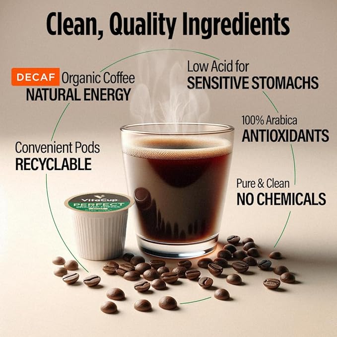 VitaCup Organic Perfect Dark Roast Decaf Coffee Pod for Pure & Clean Energy, Antioxidants, Low Acid, Peru Single Origin in Recyclable Single Serve Pod compatible w/Keurig K-Cup Brewers,16CT