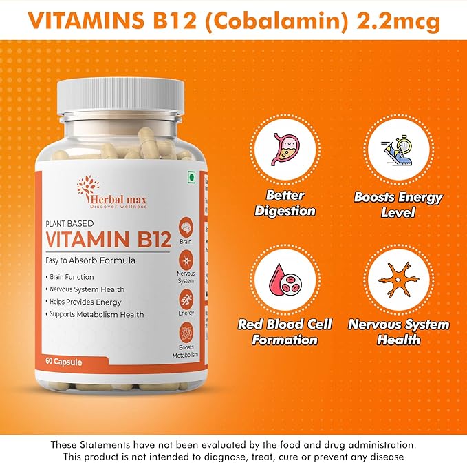 Vitamin B12 (Cobalamin), 60 Capsules B12 Supplement