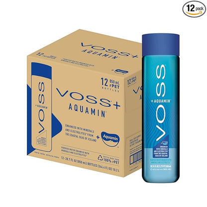 VOSS+ Aquamin Enhanced Water - Pack of 12 Bottles, 850ml Each - Purified Hydrating Water - 74 Trace Minerals & Electrolytes - Perfect for Active Lifestyles, at the Gym & on Hot Days - Recycled PET Bottle