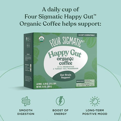 Four Sigmatic Happy Gut Organic Coffee Pods | Medium Roast Probiotic K Cups with Chaga and Turkey Tail | Immune Boosting, Probiotic Mushroom Coffee K Cups for Gut Health and Immune Support | 24 Count
