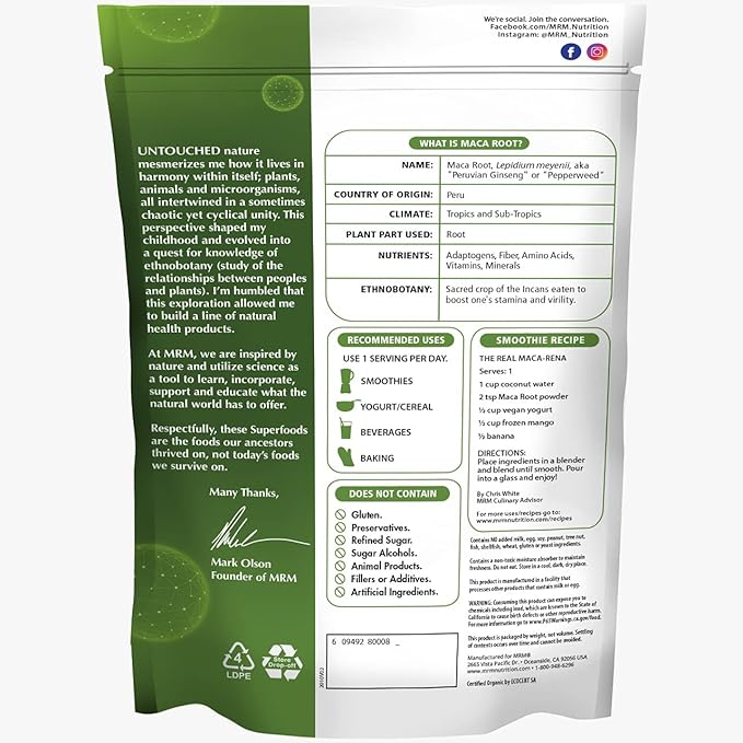 MRM Nutrition Organic Maca Root Powder | Superfoods | Adaptogen | Gluten-Free + Vegan | 40 Servings