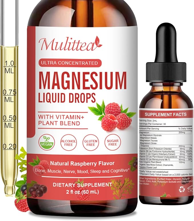 Magnesium Glycinate Liquid Drop - Triple Absorption Supplement to Support Nerves, Night, Heart, Muscles * -Sugar-Free with Potassium, L-Theanine, Sea Moss Vitamin B,C,D3, K2-1Pack
