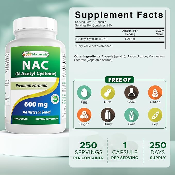 Best Naturals NAC N-Acetyl-Cysteine 600 mg 250 Capsules