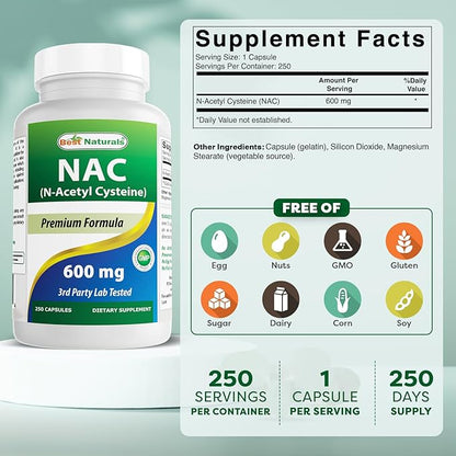 Best Naturals NAC N-Acetyl-Cysteine 600 mg 250 Capsules