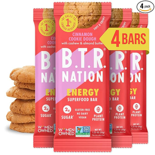B.T.R. Bar Superfood Keto Protein Bars, Plant Based Vegan Protein, Low Carb Food, Low Calorie, Gluten Free, No Sugar Alcohols, Boosted with Superfoods (4 Pack) (Cinnamon Cookie Dough ENERGY)
