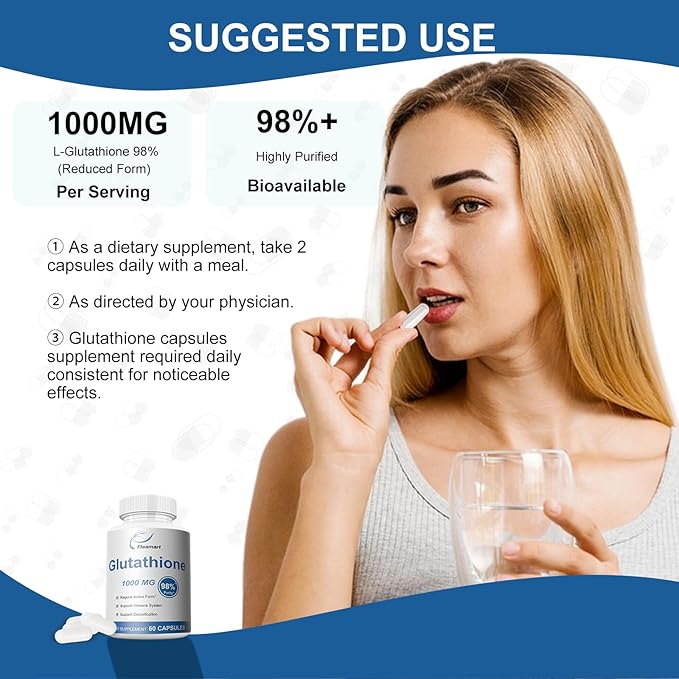 Glutathione Supplement 98%+ Highly Purified and Bioavailable 1000mg Immune 60 Capsules