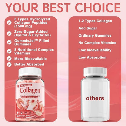 Sugar-Free Hydrolyzed Collagen Peptide Filled Gummies,Extra 1500mg Protein 5000mcg Biotin D3 B6 B6 B12 B12 for