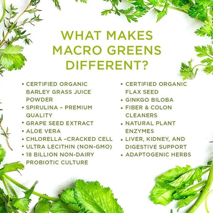 MacroLife Naturals Macro Greens Powder 38 Superfood Probiotic Antioxidant Enzyme & Herbal Supplement Immunity Energy Cleanse - Non-GMO Vegan Gluten-Free Dairy-Free - 2 oz (6 Servings)