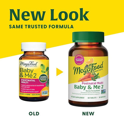 MegaFood Baby & Me 2 Postnatal Vitamins for Breastfeeding Moms with Folate (Folic Acid Natural Form), Choline, Iodine, Vitamin D, Moringa Leaf and More - 60 Tabs (30 Servings)