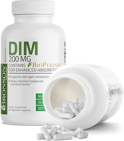 Bronson DIM 200 MG Supplement Diindolymethane with BioPerine for Enhanced Absorption, Estrogen Metabolism & Maintains Balanced Hormone Levels, 60 Vegetarian Capsules