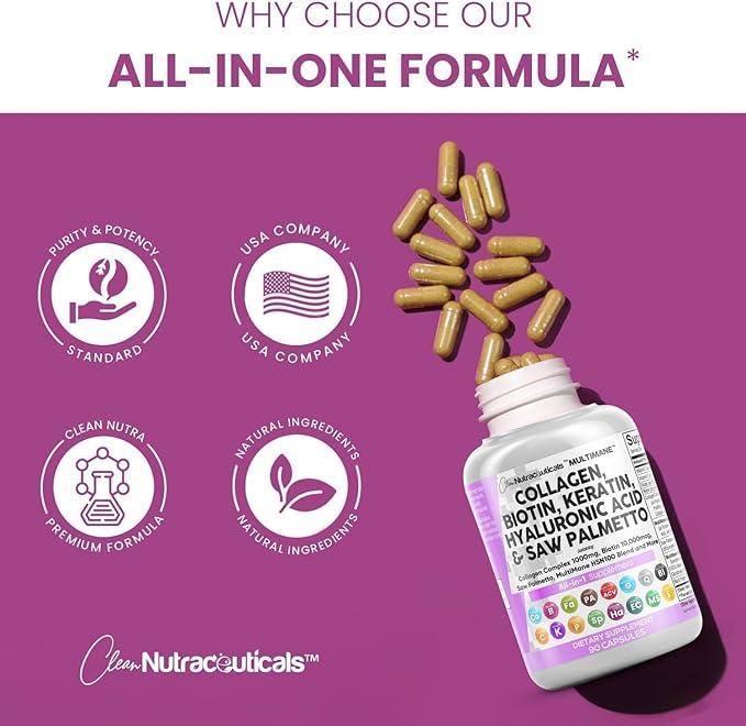 Clean Nutraceuticals Collagen Pills 1000mg Biotin 10000mcg Keratin 90 Count
