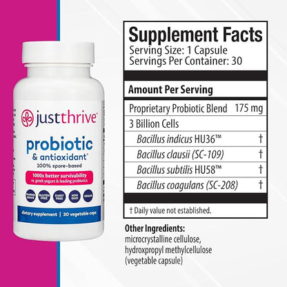 Just Thrive Probiotic & Antioxidant Supplement 100% Spore-Based 30 Caps