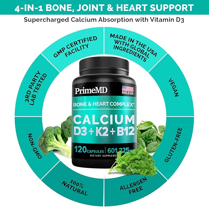 PrimeMD 4-in-1 Calcium Supplement for Women 600mg with D3 K2 K2 5000IU 5000IU Supplement (240 Count)
