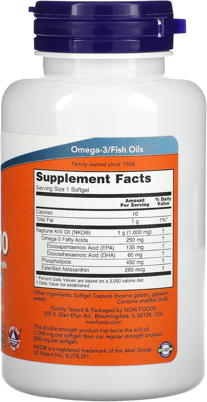 NOW Supplements, Neptune Krill, Double Strength 1000 mg, Omega-3, 60 60 Softgels