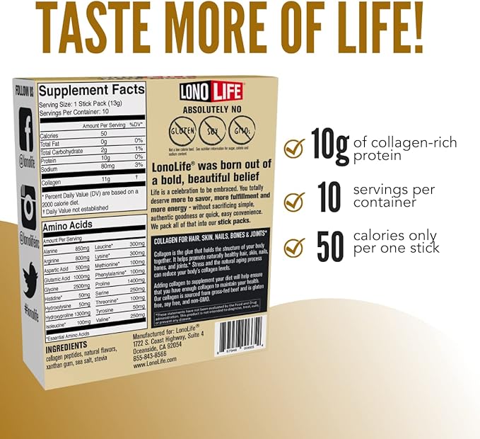 LonoLife - Vanilla Flavored Collagen Peptides 10g Protein, 10 Servings, 10 Count
