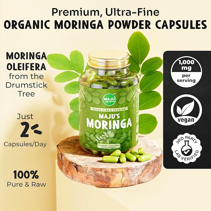 Maju Superfoods Organic Moringa Capsules, Oleifera Leaf, Extra-Fine Quality Moringa Leaves, Dried Drumstick Tree Leaves, Organic Moringa Powder Extract Supplement Capsules from Plant (90 ct)
