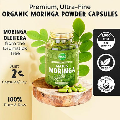 Maju Superfoods Organic Moringa Capsules, Oleifera Leaf, Extra-Fine Quality Moringa Leaves, Dried Drumstick Tree Leaves, Organic Moringa Powder Extract Supplement Capsules from Plant (90 ct)