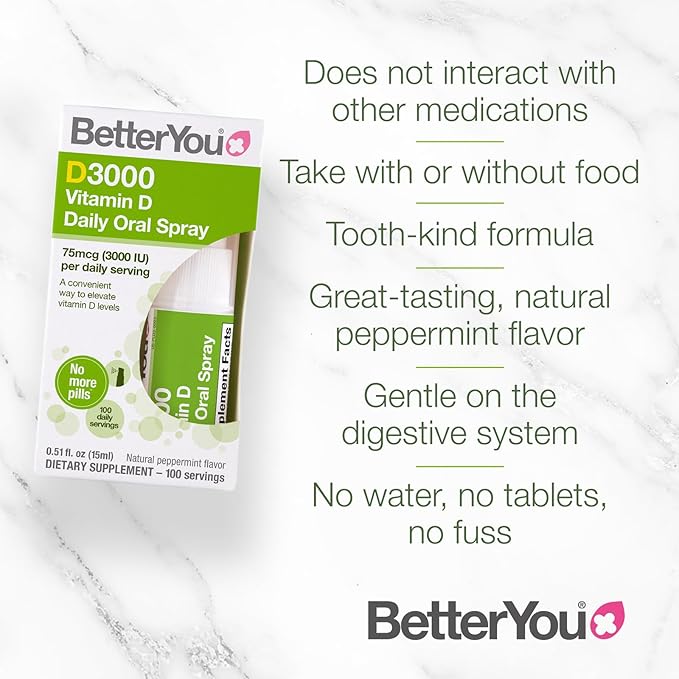 BetterYou D3000 Vitamin D Oral Spray - Convenient Alternative for Tablets - Promotes Strong Bones, Teeth and Immune System - Aids in Calcium Absorption - Natural Peppermint Flavor - 0.5 oz