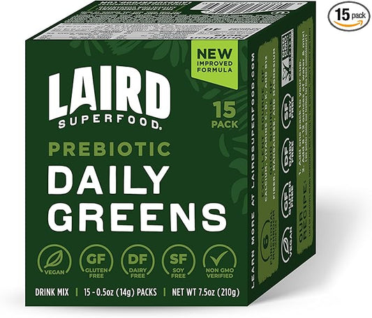 Laird Superfood Prebiotic Daily Greens Powder - Pack of 15 Single Serve Sachets - Essential Vitamins & Minerals - Fiber, Adaptogen & Fruits, Vegetables – Supports Gut Health – Non-GMO, Vegan