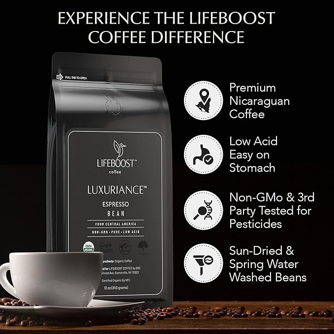 Lifeboost Coffee Espresso Whole Beans Coffee - Low Acid Single Origin USDA Organic Coffee - Non-GMO Espresso Coffee Third Party Tested For Mycotoxins & Pesticides (Espresso Whole Bean 12oz x 3 pack)