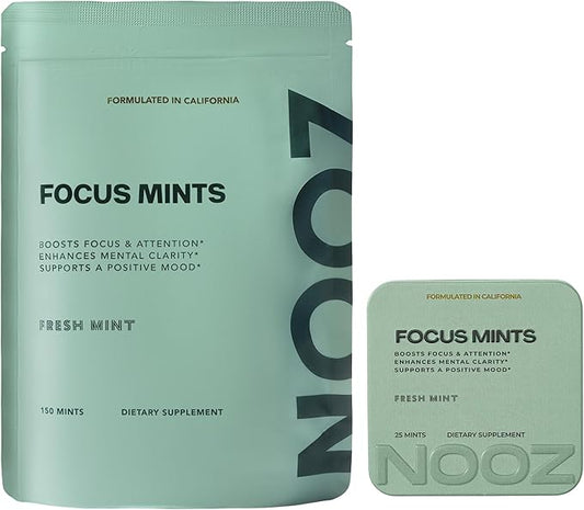 NOOZ Focus Mints Refill Bag - Caffeine-Free Brain Booster for Mental Clarity - Fresh Mint Flavor | Sugar-Free, Travel-Friendly Supplement with Vitamins C, B6, B12 - Non-GMO, Clean Label, 150 Mints