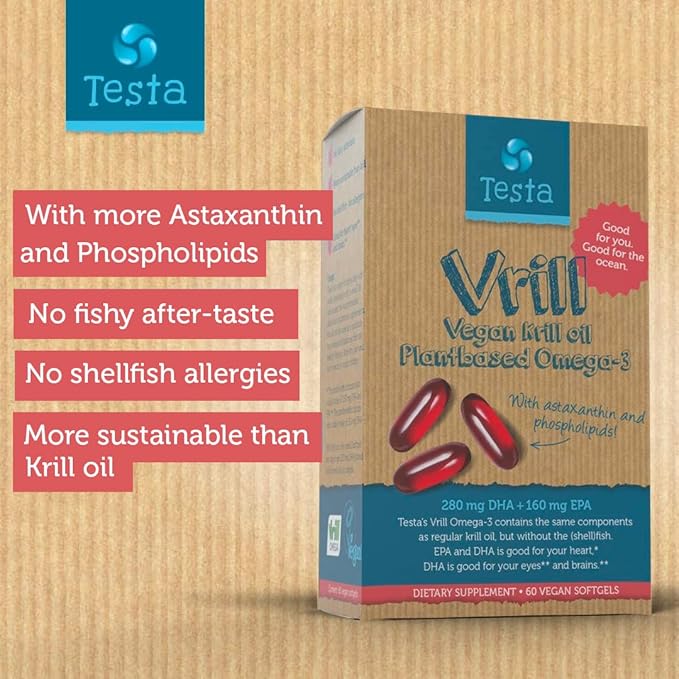 Testa Omega 3 Vegan Krill Supplement-1000mg 2 Times Omega-3, DHA, 60 Softgels