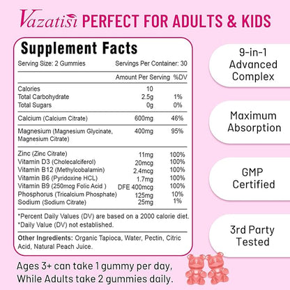 2 Pack Calcium Magnesium Zinc Gummies D3 & B12, Sugar