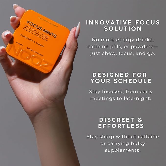 NOOZ Focus Mints - Caffeine-Free Brain Booster for Mental Clarity - Tangerine & Lemon Flavor | Sugar-Free, Travel-Friendly Supplement with Vitamins C, B6, B12 - Non-GMO, Clean Label, 25 Mints