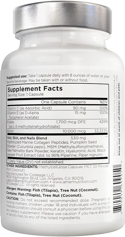 Amen Biotin Collagen Vitamins+ Advanced Hair, 10,000mcg Biotin, 3-Month Supply, 90 Capsules