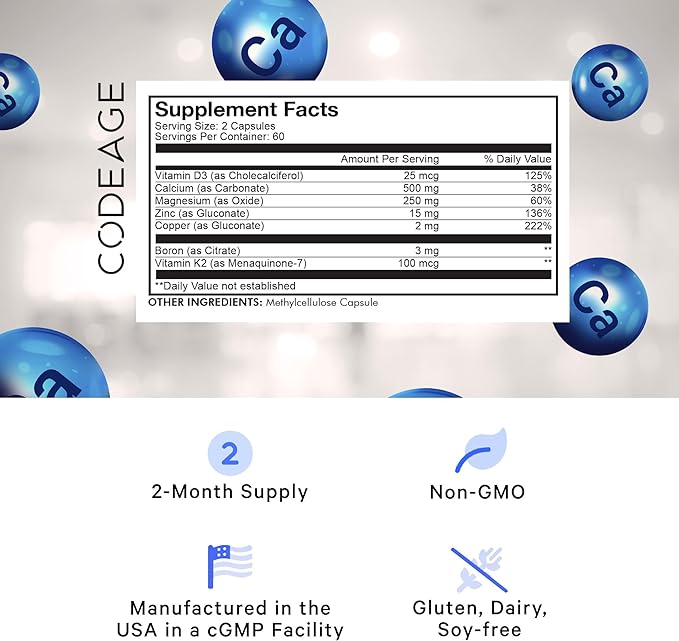 Codeage Calcium 500mg Supplement + Magnesium D3 Vitamin K2 - 2-Month Supply- 120 Capsules