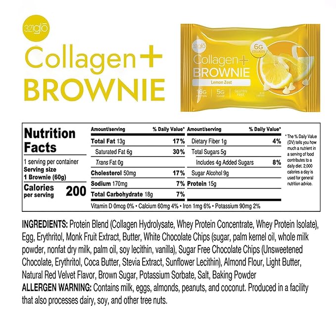 321glo Collagen Protein Brownie | Gluten Free, Low Sugar | Keto Snack for Women, Men, & Kids | 16g Protein, 6g Collagen | 12 Pack (12 Pack, Lemon Zest)