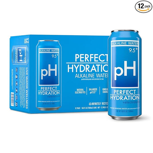 Perfect Hydration 9.5+ ph Alkaline Water, 16.9 oz Recyclable Aluminum Cans | 9x Purified | Electrolyte Minerals for Taste | Pack of 12