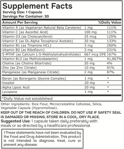 Methylated Multivitamin Multimineral Complex L Methylfolate, 30 Count