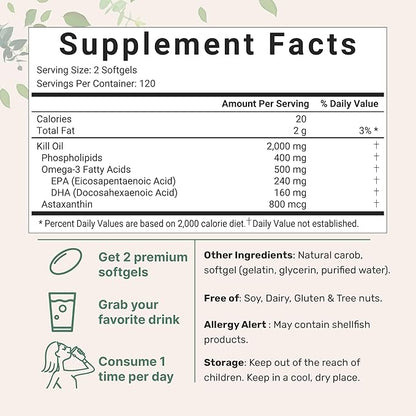 Micro Ingredients Antarctic Krill Oil Supplement, 2,000mg Per 240 Softgels, Omega-3s EPA,