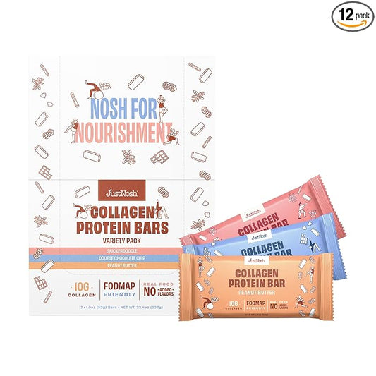 JustNosh Collagen Protein Bars, 10g Collagen, 15g Protein, Gluten Free, Dairy Free, FODMAP Friendly, Seed Oil Free Certified, Clean Ingredients | Variety Pack (12 Pack)