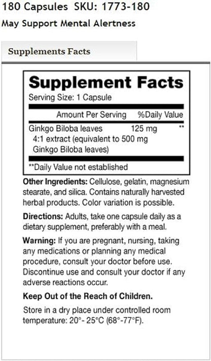 Mason Vitamins Ginkgo Biloba 500 mg 180 Gelatin 2 Bottles 360 Capsules